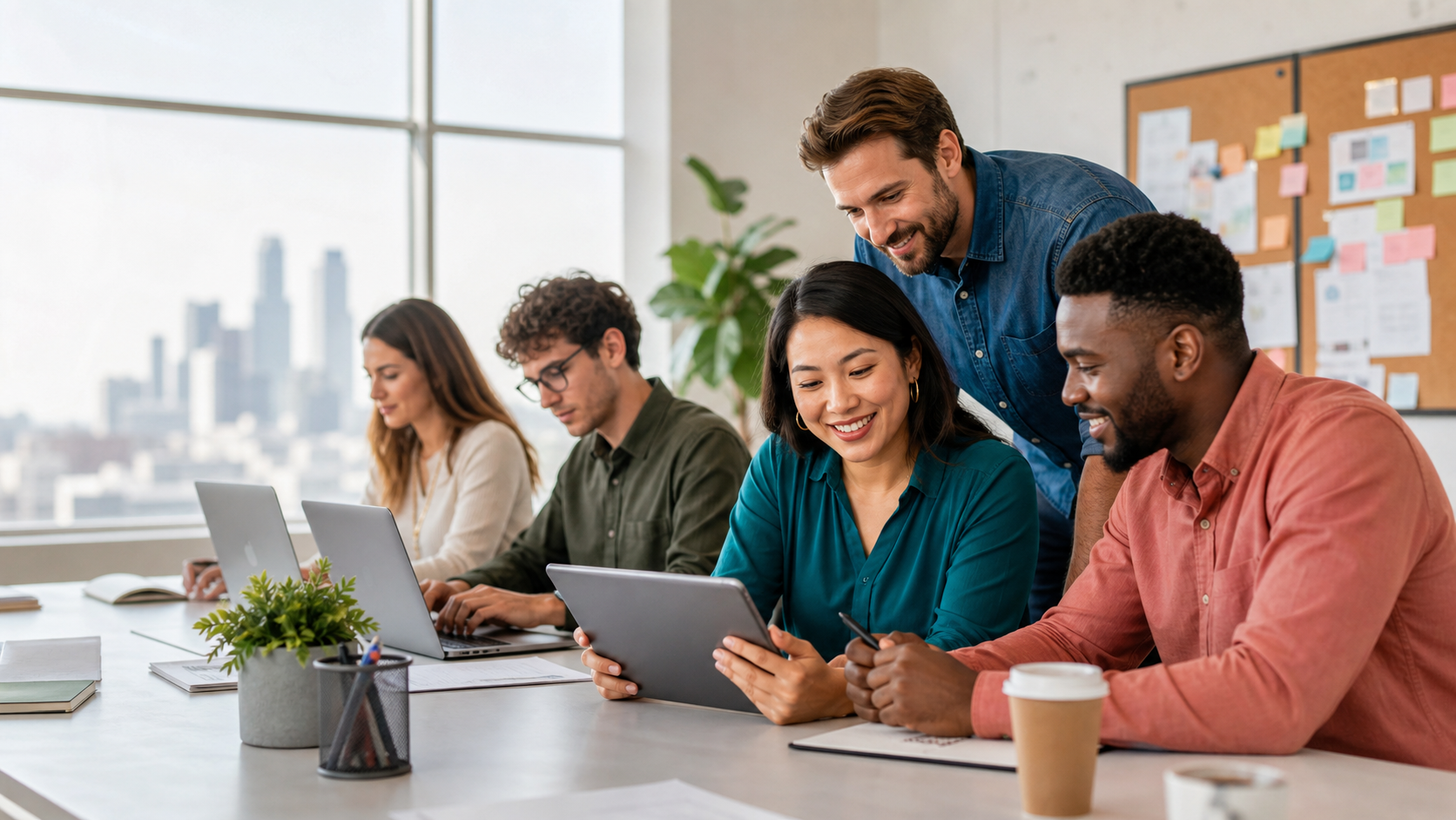 A diverse team working together in a bright office
